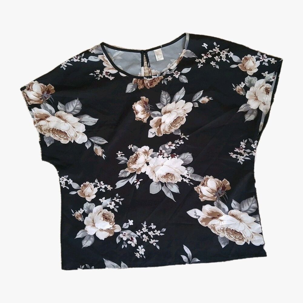 ​WOMENS BLACK FLORAL BLOUSE TOP SIZE L SHORT SLEEVE BOHO CASUAL SUMMER SHIRT
